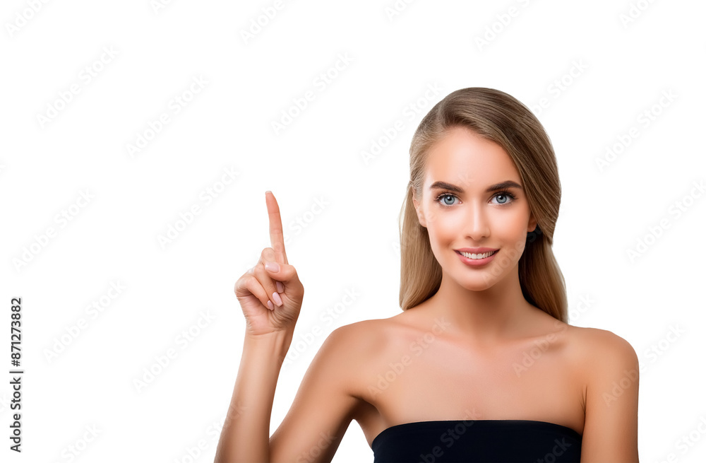 beautiful young woman pointing up with her finger beautiful young woman pointing up with her finger