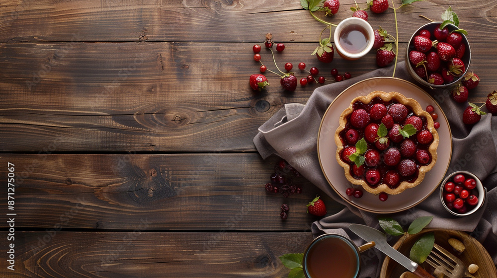 Fresh berries and coffee on wooden table. Top view with copy space generativa IA Fresh berries and coffee on wooden table. Top view with copy space generativa IA