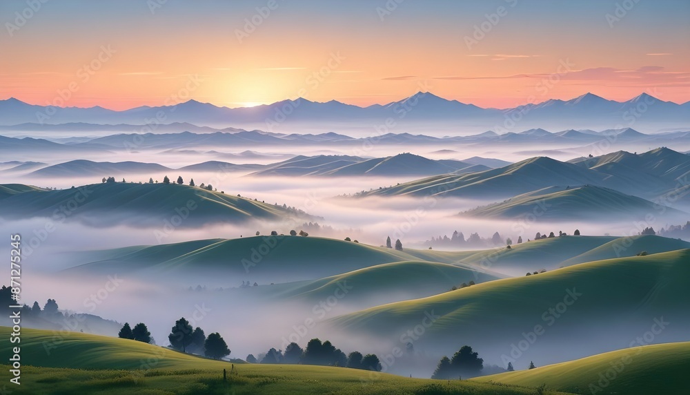Fototapeta premium Dawn light illuminating a range of rolling hills and distant mountains, with a sea of fog in the valleys.