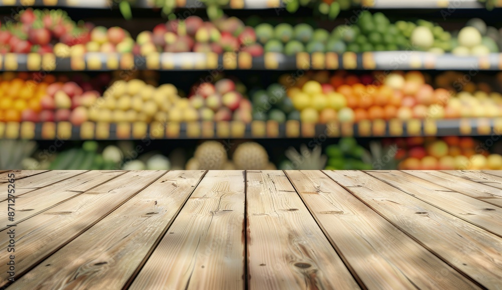 Fototapeta premium Wooden Table with Blurred Fruit Background