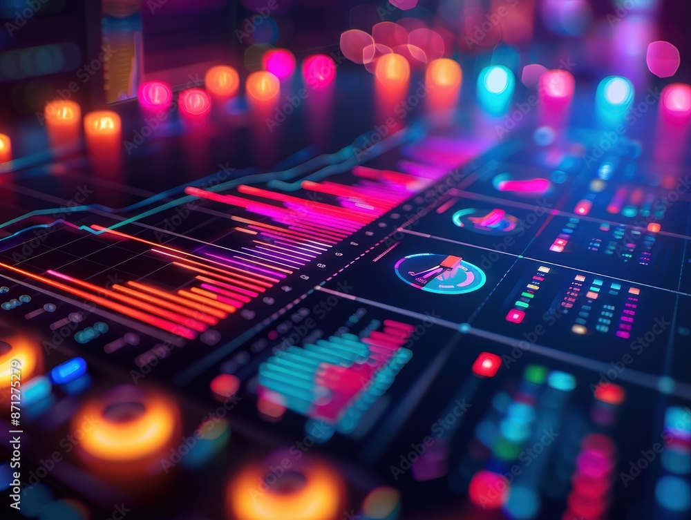 Obraz premium Abstract futuristic technology interface with colorful data visualization and glowing lights.