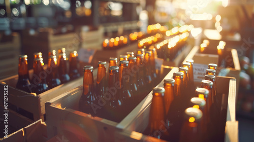 Wooden crates filled with amber beer bottles bathed in warm, golden sunlight at an outdoor market or event. © VK Studio