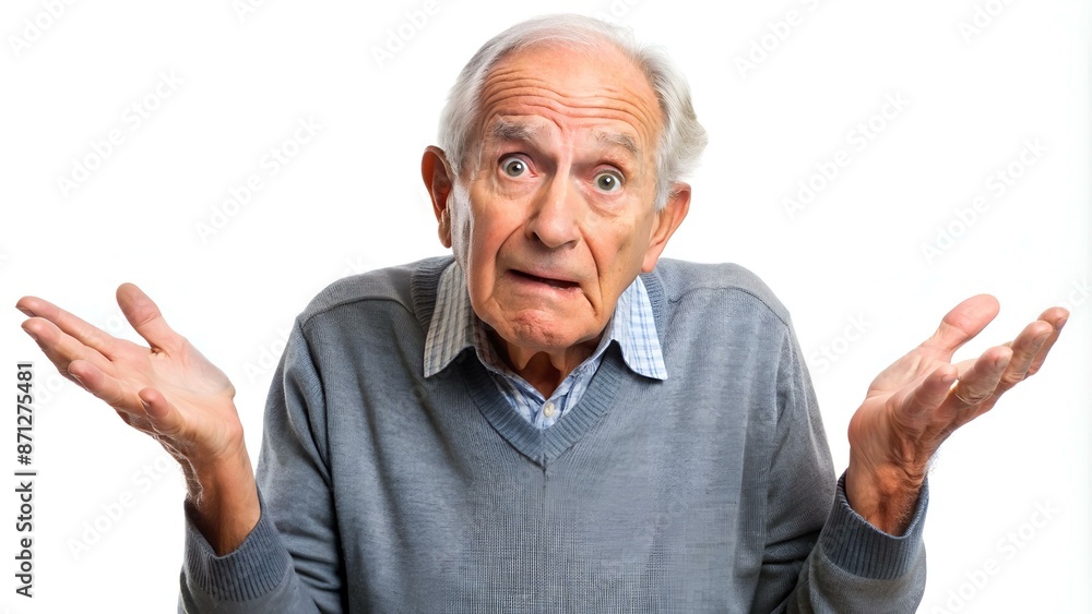 Confused mature man on white background. Unsure senior man giving I don t know gesture. Confused mature man on white background. Unsure senior man giving I don t know gesture.