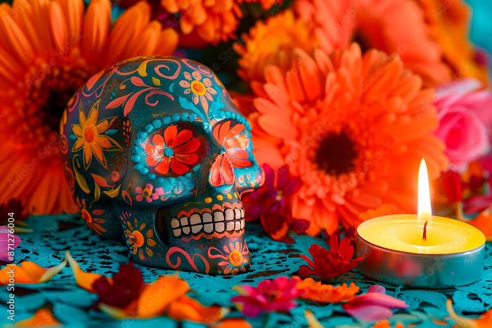 A skull is sitting on a table next to a lit candle. Celebration of the day of the dead in Mexico A skull is sitting on a table next to a lit candle. Celebration of the day of the dead in Mexico