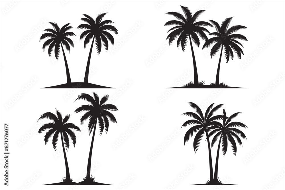 This collection of intricate black silhouettes of palm and coconut trees is ideal for infusing your design projects with a tropical paradise vibe. This collection of intricate black silhouettes of palm and coconut trees is ideal for infusing your design projects with a tropical paradise vibe.