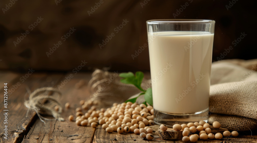 A glass of creamy soy milk surrounded by scattered soybeans on a rustic wooden table. A glass of creamy soy milk surrounded by scattered soybeans on a rustic wooden table.