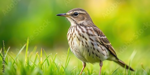 Water pipit, Anthus spinoletta standing on lush green grass background, water pipit, Anthus spinoletta, bird, wildlife photo