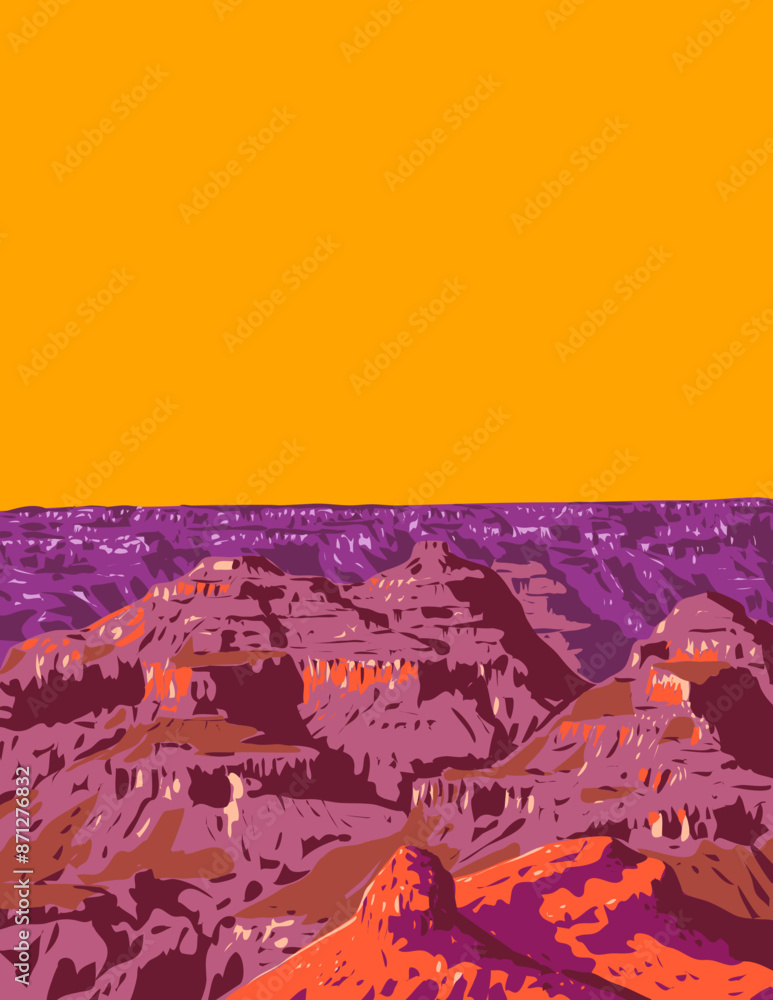 Fototapeta premium WPA poster art of Grand Canyon National Park viewed from the South Rim near Tusayan in Arizona, United States of America USA done in works project administration or federal art project style. 