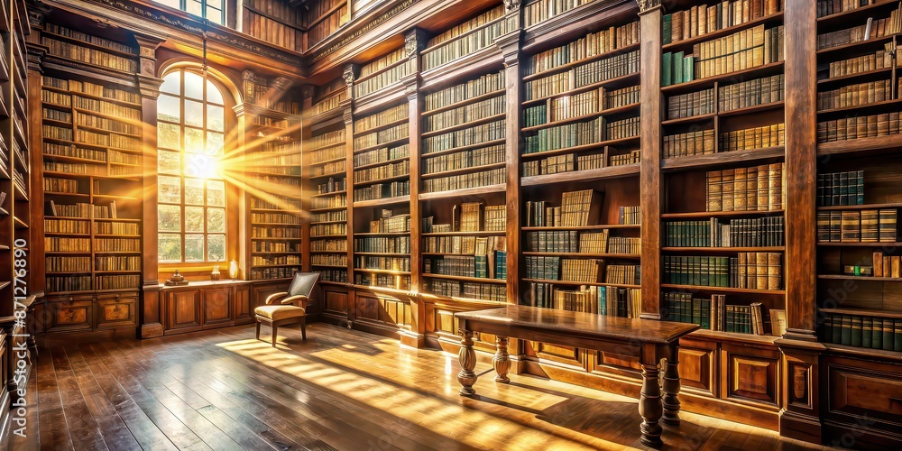 Antique library with rows of old books on wooden shelves, illuminated by sunlight, Antique, library Antique library with rows of old books on wooden shelves, illuminated by sunlight, Antique, library