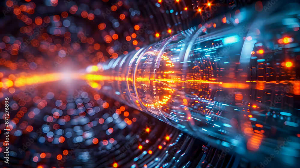 Detailed cross section of a fiber optic data line revealing the luminous filaments and advanced technological components that illuminate the complex internals of this futuristic high tech system Detailed cross section of a fiber optic data line revealing the luminous filaments and advanced technological components that illuminate the complex internals of this futuristic high tech system
