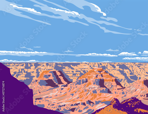 WPA poster art of the South Rim of Grand Canyon National Park near Tusayan in Arizona, United States of America USA done in works project administration or federal art project style.
