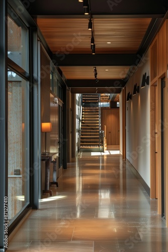 Luxury hotel corridor interior.