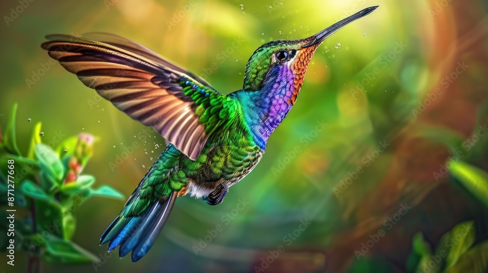 Fototapeta premium Flying hummingbird with green forest in background. Small colorful bird in flight