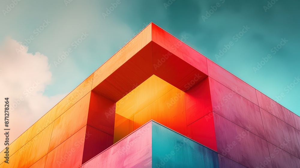 Fototapeta premium Abstract architectural design with vibrant colors and geometric shapes against a blue sky.