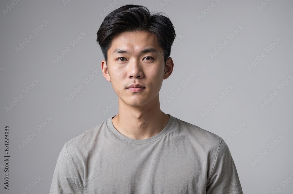 Portrait of young asian man with short black hair and neutral expression looking at camera Portrait of young asian man with short black hair and neutral expression looking at camera