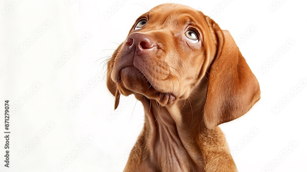 Curious Vizsla Puppy with Reddish Coat gazing up with Playful Expression and Raised Paw Curious Vizsla Puppy with Reddish Coat gazing up with Playful Expression and Raised Paw