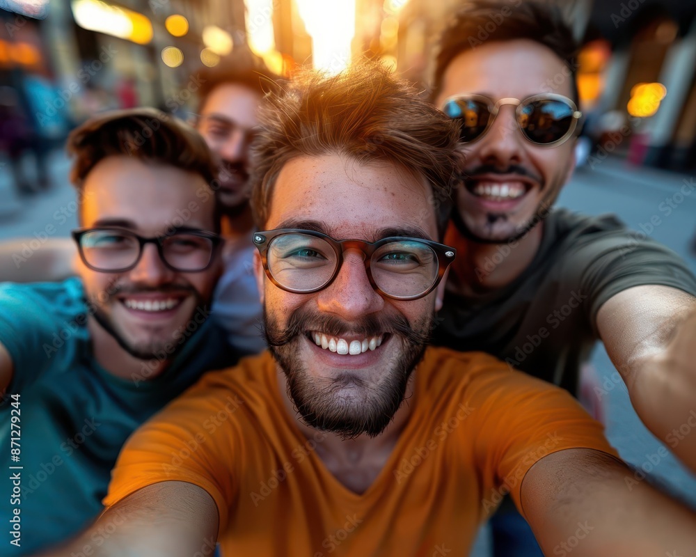 Happy group of friends posing for a selfie in a bustling city setting Happy group of friends posing for a selfie in a bustling city setting