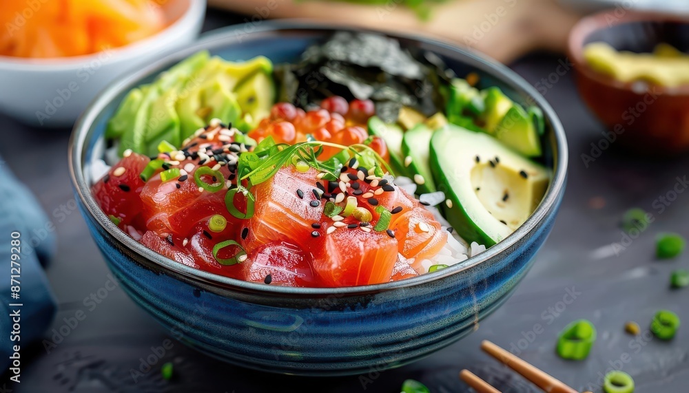Hawaiian poke bowl with marinated raw fish, avocado, seaweed, and rice, artfully presented with bright colors and textures, ideal for gourmet dining and culinary enthusiasts Hawaiian poke bowl with marinated raw fish, avocado, seaweed, and rice, artfully presented with bright colors and textures, ideal for gourmet dining and culinary enthusiasts