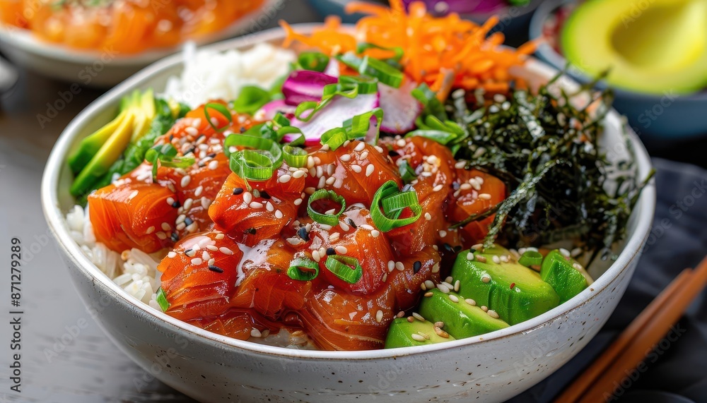 Hawaiian poke bowl with marinated raw fish, avocado, seaweed, and rice, artfully presented with bright colors and textures, ideal for gourmet dining and culinary enthusiasts Hawaiian poke bowl with marinated raw fish, avocado, seaweed, and rice, artfully presented with bright colors and textures, ideal for gourmet dining and culinary enthusiasts