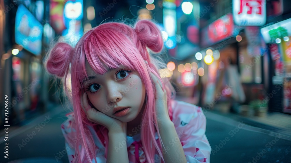 beautiful young japanese woman with pink wig on the streets of japan at night beautiful young japanese woman with pink wig on the streets of japan at night