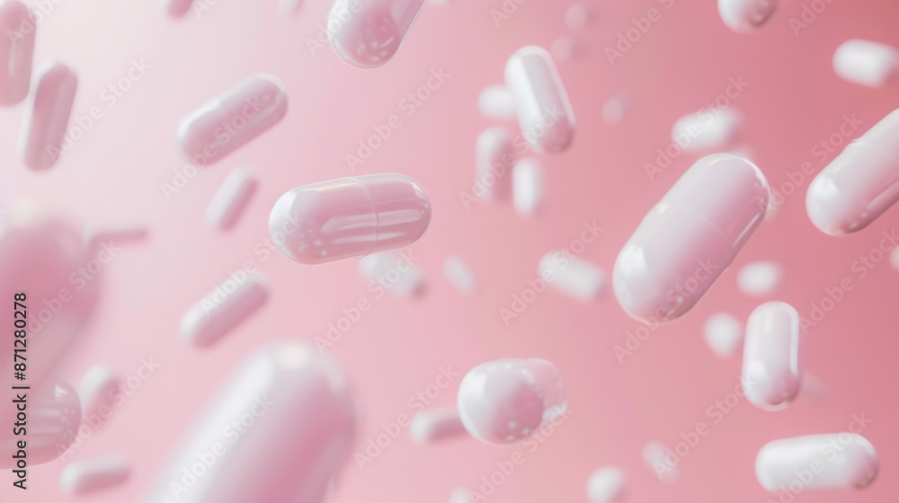Pink and white capsules float against a soft pink backdrop, creating an ethereal and surreal visual of levitating medicine. Pink and white capsules float against a soft pink backdrop, creating an ethereal and surreal visual of levitating medicine.