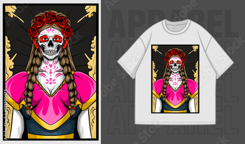 Vector Face Of Catrina Illustration T-Shirt and Apparel Printing Design