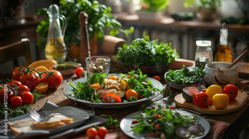 A vibrant table filled with fresh, colorful vegetables and herbs, centered around a beautifully plated salad in a cozy, rustic kitchen.