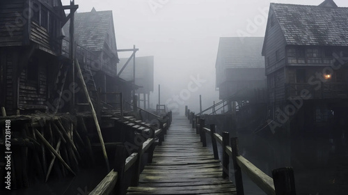 Foggy Dock Enigmatic Landscape at Dusk with Misty Vibes Fantasy wallpaper