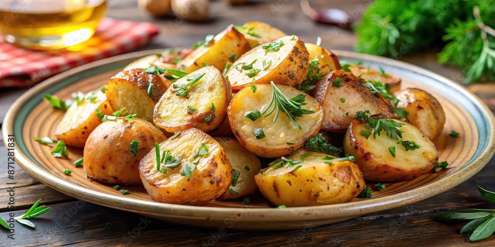 A close-up of a plate of roasted potatoes with herbs and seasonings, potato, vegetable, carbohydrates, nutritious, breakfast A close-up of a plate of roasted potatoes with herbs and seasonings, potato, vegetable, carbohydrates, nutritious, breakfast