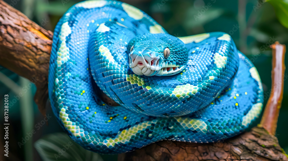 Captivating Blue Python Coiled in Vibrant Jungle Foliage Mesmerizing Reptile with Stunning Turquoise Scales Blending into the Lush Exotic Environment Captivating Blue Python Coiled in Vibrant Jungle Foliage Mesmerizing Reptile with Stunning Turquoise Scales Blending into the Lush Exotic Environment
