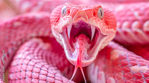 Fierce close up of a pink viper snake with its mouth agape revealing its sharp fangs and striking bifurcated tongue  This venomous reptilian predator is coiled and ready to attack photo