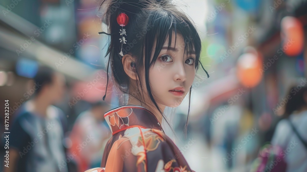 beautiful Japanese woman dressed in traditional Japan clothes with blur background beautiful Japanese woman dressed in traditional Japan clothes with blur background