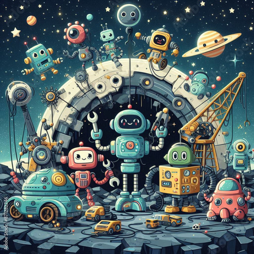 Robots repairing space stations.