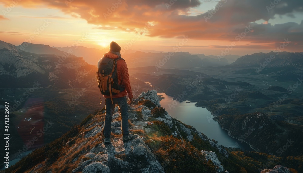 A traveler with a backpack standing on a mountain peak, looking out over a breathtaking landscape with a sense of adventure and freedom A traveler with a backpack standing on a mountain peak, looking out over a breathtaking landscape with a sense of adventure and freedom