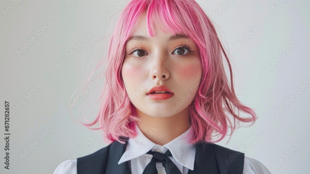 beautiful young japanese girl with pink wig on blue background beautiful young japanese girl with pink wig on blue background
