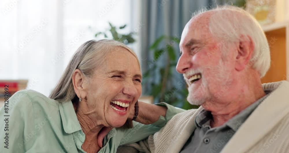 Happy couple, conversation and laughing with funny memory, joke or humor in reminisce at home. Elderly man, woman or old lovers with smile in relax on sofa for bonding, love or communication at house Happy couple, conversation and laughing with funny memory, joke or humor in reminisce at home. Elderly man, woman or old lovers with smile in relax on sofa for bonding, love or communication at house