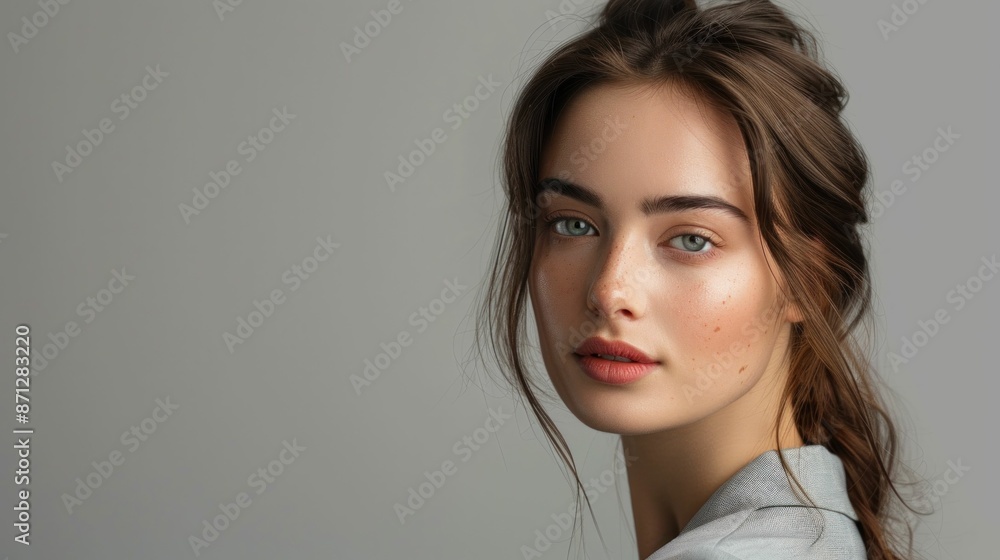 Beautiful young woman with freckles and freckles on her face looking at the camera in a portrait of natural beauty and femininity Beautiful young woman with freckles and freckles on her face looking at the camera in a portrait of natural beauty and femininity