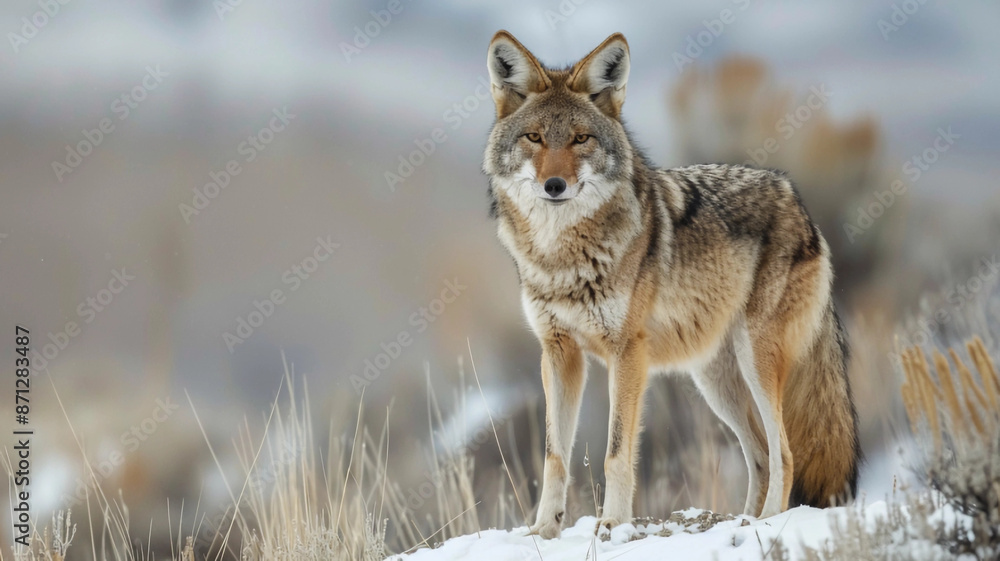 A coyote stands alert in its natural habitat A coyote stands alert in its natural habitat