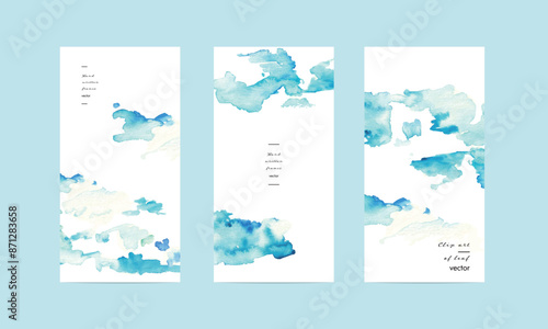 水彩画。水彩タッチの雲の背景ベクターイラスト。夏の青空背景ポストカード。Watercolor painting. Watercolor touch cloud background vector illustration. Summer blue sky background postcard.