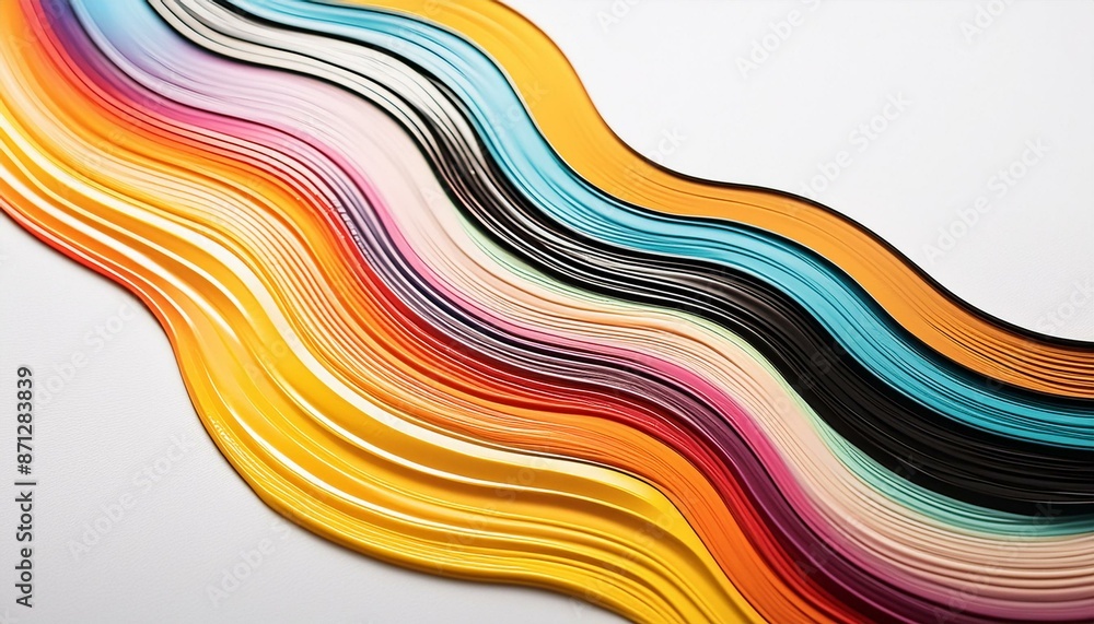 Fototapeta premium Thin stripe of yellow, black, blue, orange, pink, green, violet, red, brown, oil ink on white paper