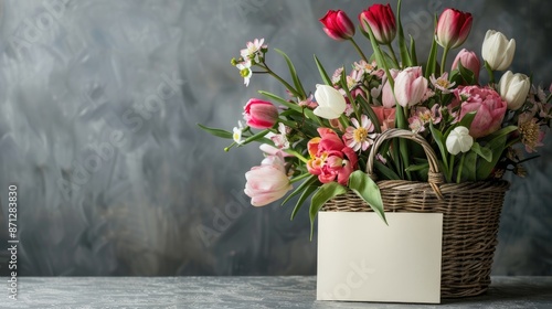 Arrangement of spring blooms in basket with card against gray backdrop