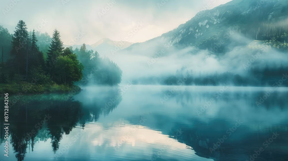 Discover the surreal beauty of misty morning fog rolling over a tranquil lake Discover the surreal beauty of misty morning fog rolling over a tranquil lake