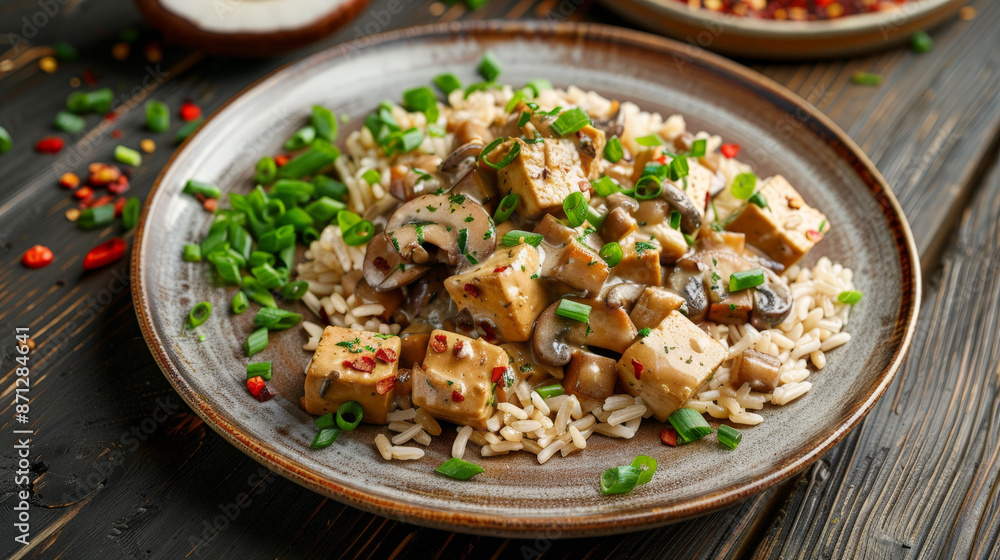 Vegetarian stroganoff with tofu cubes and mushrooms with creamy sauce and brown rice Vegetarian stroganoff with tofu cubes and mushrooms with creamy sauce and brown rice