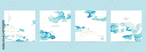 水彩画。水彩タッチの雲の背景ベクターイラスト。夏の青空背景ポストカード。Watercolor painting. Watercolor touch cloud background vector illustration. Summer blue sky background postcard.