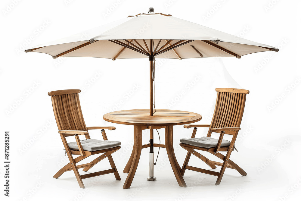 Round teak garden table with two chairs and parasol umbrella isolated on white background high resolution photo Round teak garden table with two chairs and parasol umbrella isolated on white background high resolution photo
