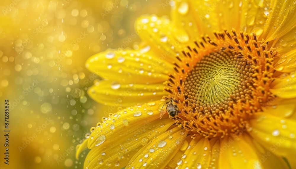 A vibrant close-up of a sunflower in full bloom, with delicate dew drops on its petals and a bee collecting pollen at its center A vibrant close-up of a sunflower in full bloom, with delicate dew drops on its petals and a bee collecting pollen at its center