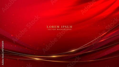 Red Luxury abstract background, golden line wave decoration, and glittering light effect