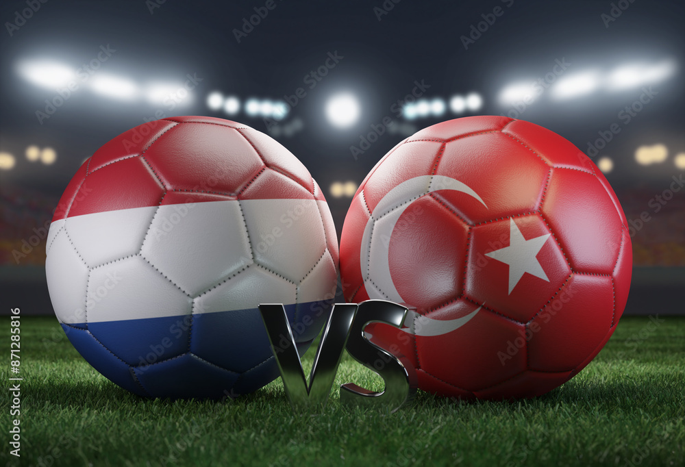 Fototapeta premium Two soccer balls in flags colors on a stadium blurred background. Netherlands vs Turkey. 3D image. 