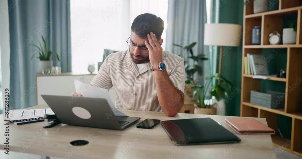 Home office, headache and man with laptop, remote work and planning for project, startup debt and taxes. Person, migraine or entrepreneur with paperwork, law suit and frustrated with client feedback Home office, headache and man with laptop, remote work and planning for project, startup debt and taxes. Person, migraine or entrepreneur with paperwork, law suit and frustrated with client feedback