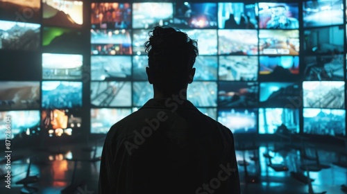 a person watching a video wall with multimedia images on different television screens, generative ai © sania